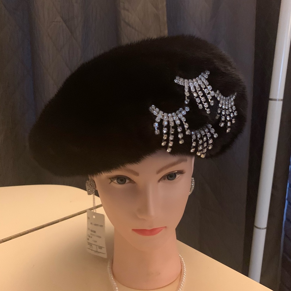 Black Mink Tam Hat with Rhinestone Embellishments